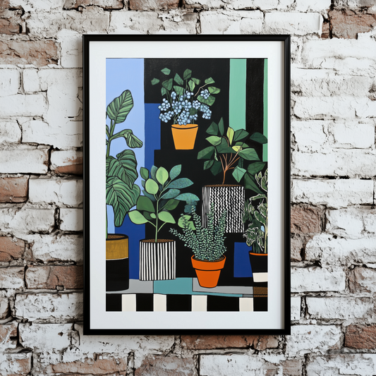 A surreal bauhaus print of a green and blue pot plant collection, with vibrant black and white lines and shapes, framed on a brick wall.  