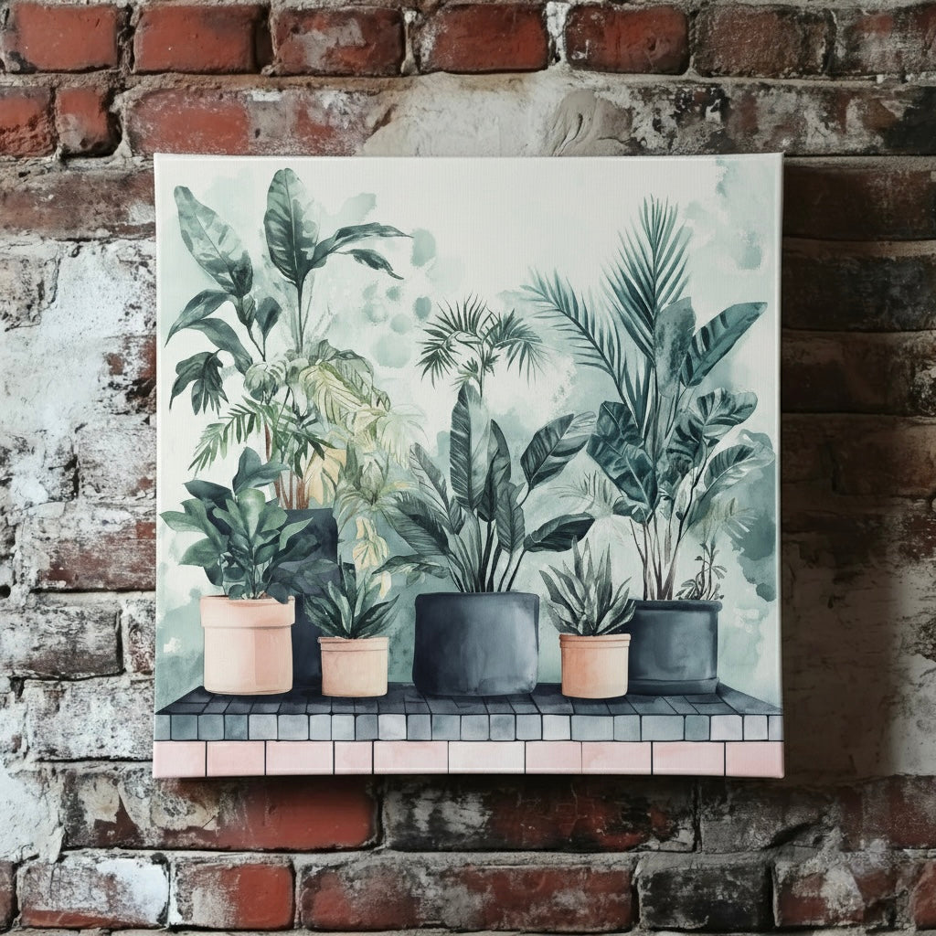 A lush watercolour canvas of dark green tropical plants on a pink tile shelf and a hazy backdrop, mounted on a red brick wall