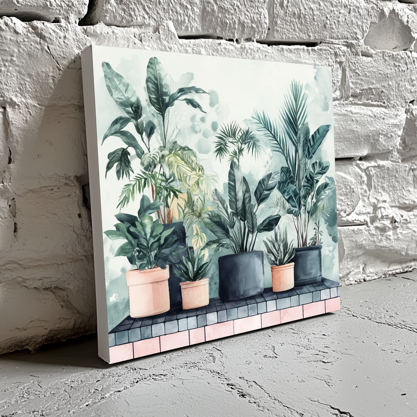 A lush watercolour canvas of dark green tropical plants on a pink tile shelf and a hazy backdrop, resting on a brick wall. 