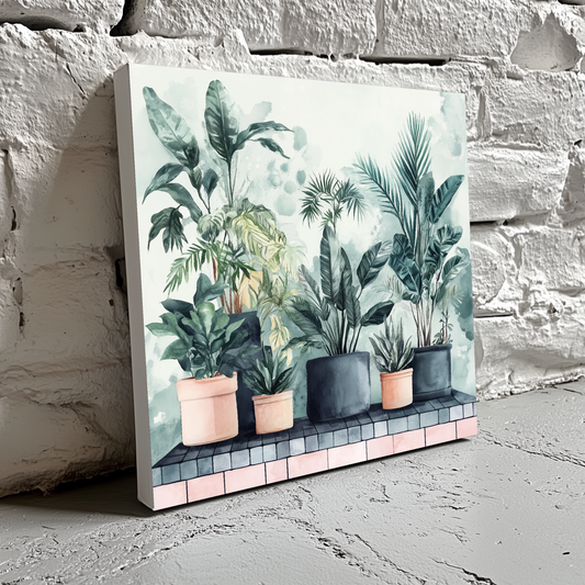 A lush watercolour canvas of dark green tropical plants on a pink tile shelf and a hazy backdrop, resting on a brick wall. 