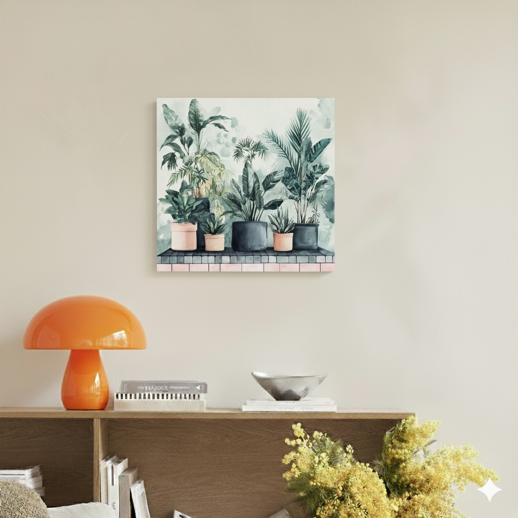 A lush watercolour canvas of dark green tropical plants on a pink tile shelf and a hazy backdrop, in a bright contemporary room