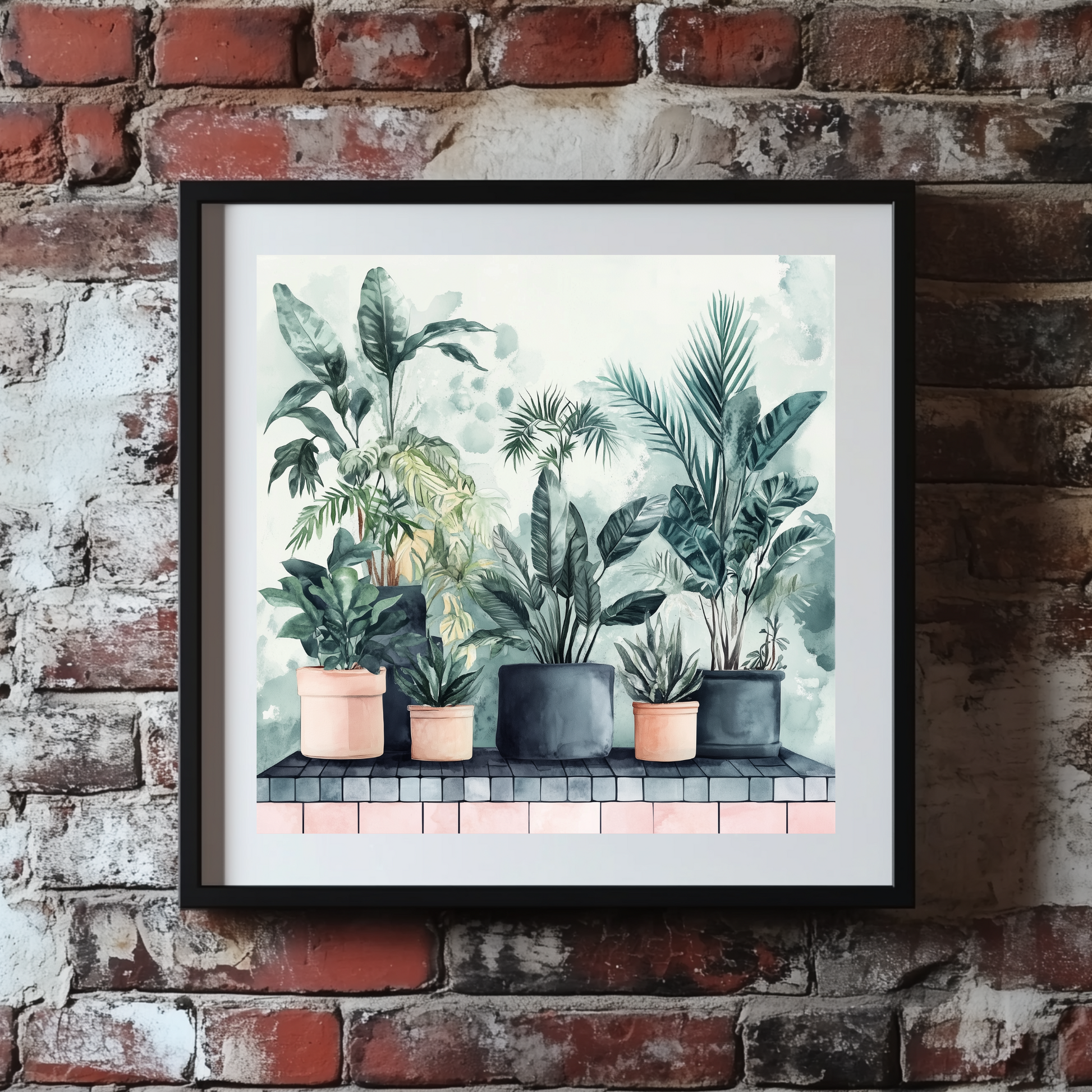 A lush watercolour print of dark green tropical plants on a pink tile shelf and a hazy backdrop, framed on a brick wall. 