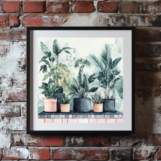 A lush watercolour print of dark green tropical plants on a pink tile shelf and a hazy backdrop, framed on a brick wall. 