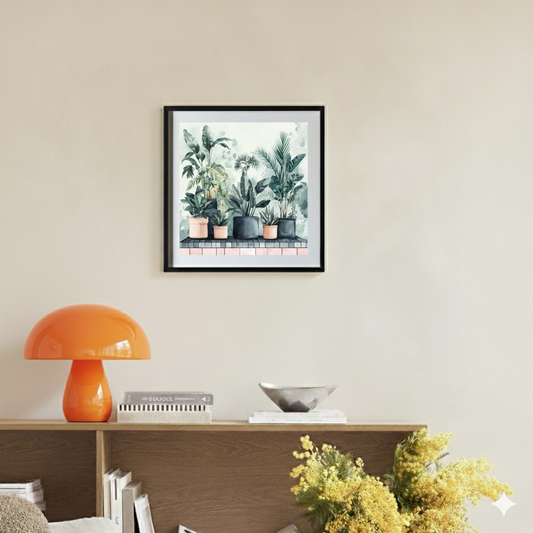 A lush watercolour print of dark green tropical plants on a pink tile shelf and a hazy backdrop, in a bright contemporary room