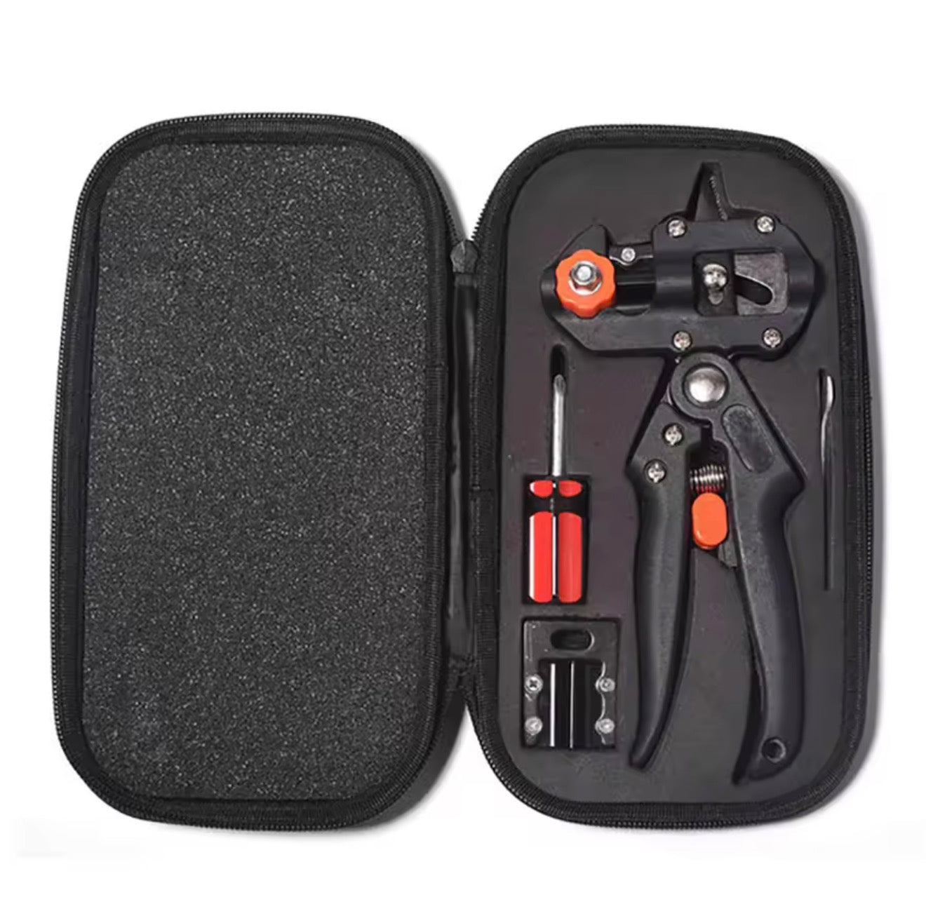 The Plantish Grafting Pruner set showing the contents inside the included black carry case against a white background.