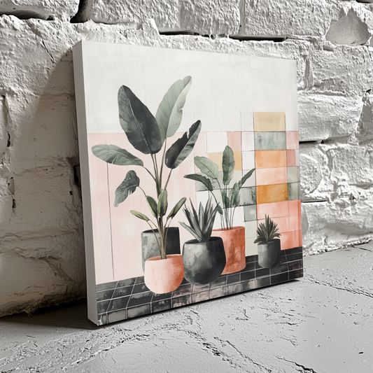 A moody watercolour canvas of green potted plants on a dark tile shelf and blocky colours behind, resting on a brick wall. 