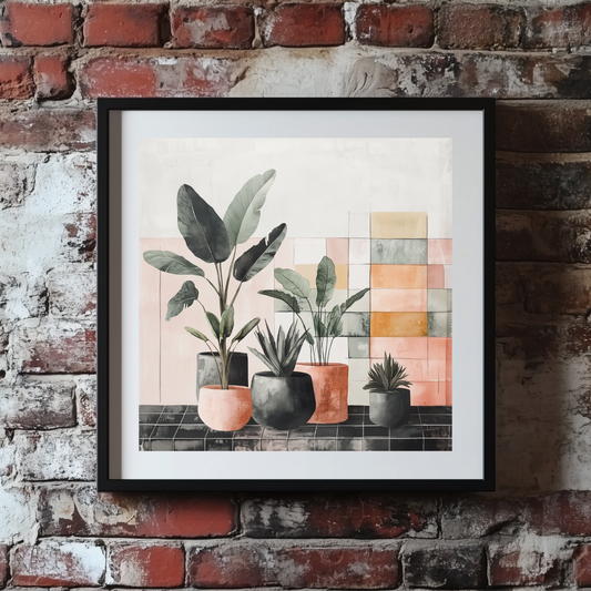 A moody watercolour print of green potted plants on a dark tile shelf and blocky colours behind, framed on a brick wall. 