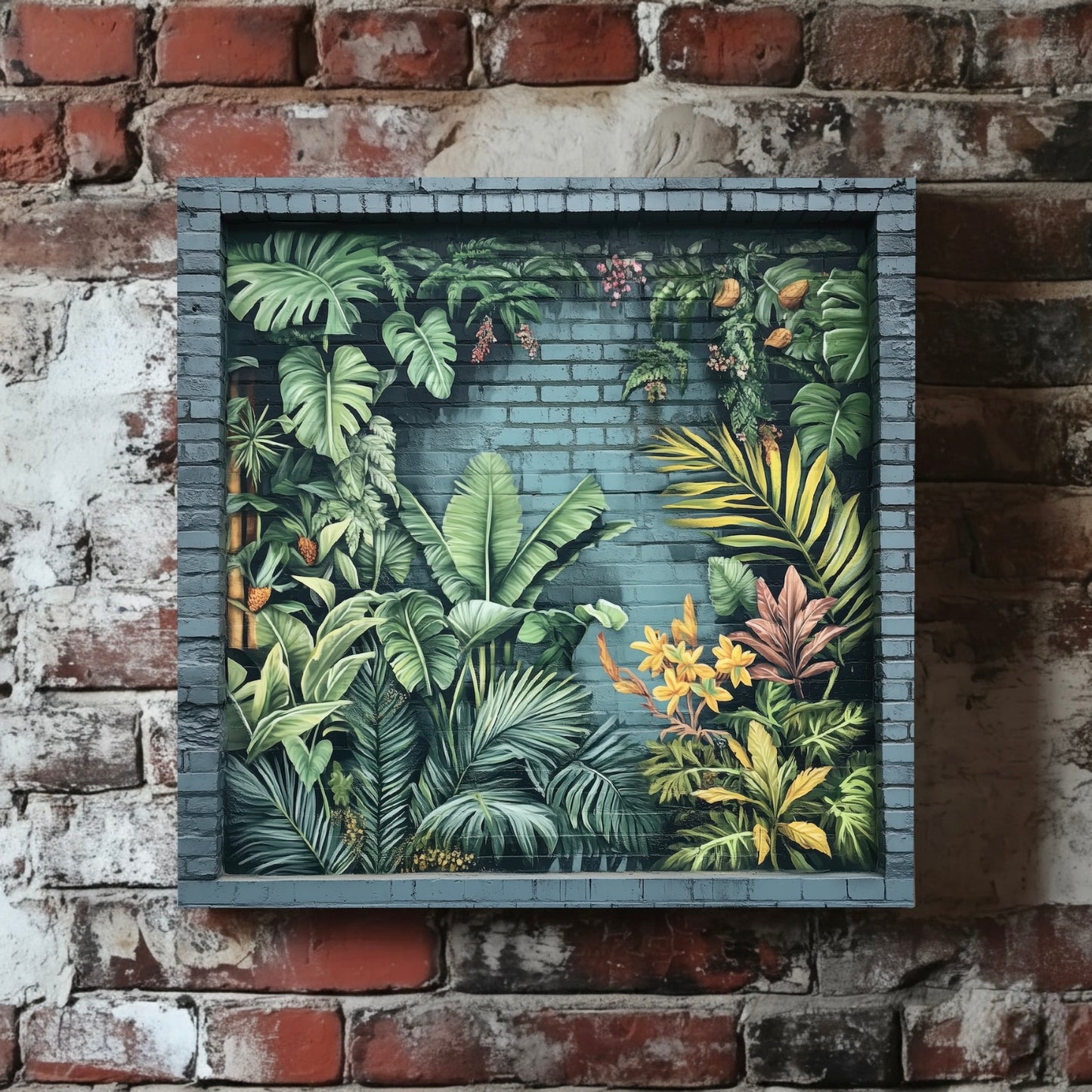 A contemporary canvas of lush green yellow and red tropical graffiti painted on an urban wall, mounted on a red brick wall