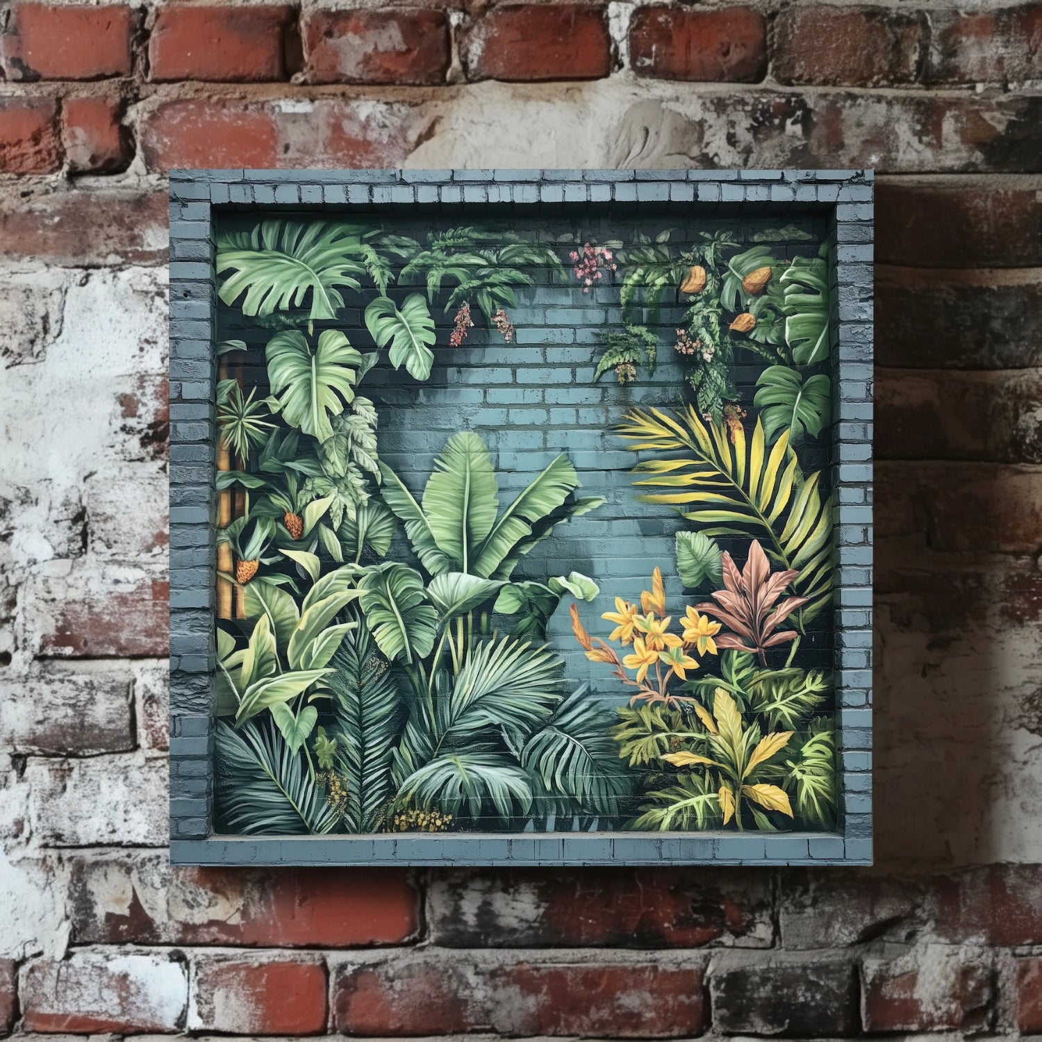 A contemporary canvas of lush green yellow and red tropical graffiti painted on an urban wall, mounted on a red brick wall