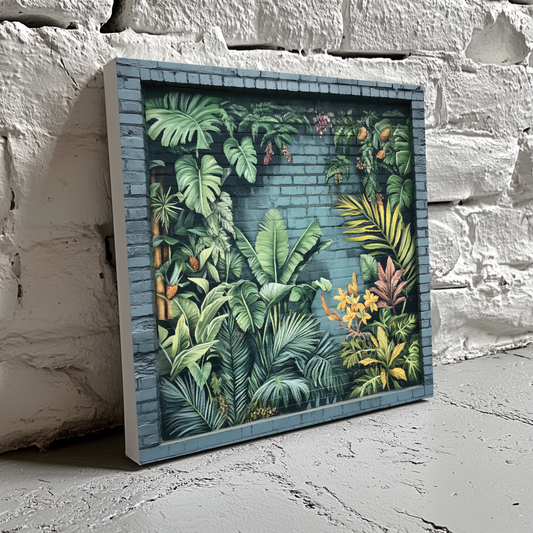 A contemporary canvas of lush green yellow and red tropical graffiti painted on an urban wall, resting on a brick wall. 