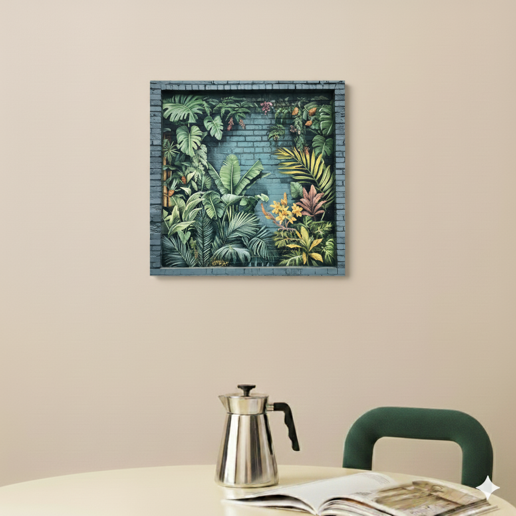 A contemporary canvas of lush green yellow and red tropical graffiti painted on an urban wall, in a modern bright kitchen