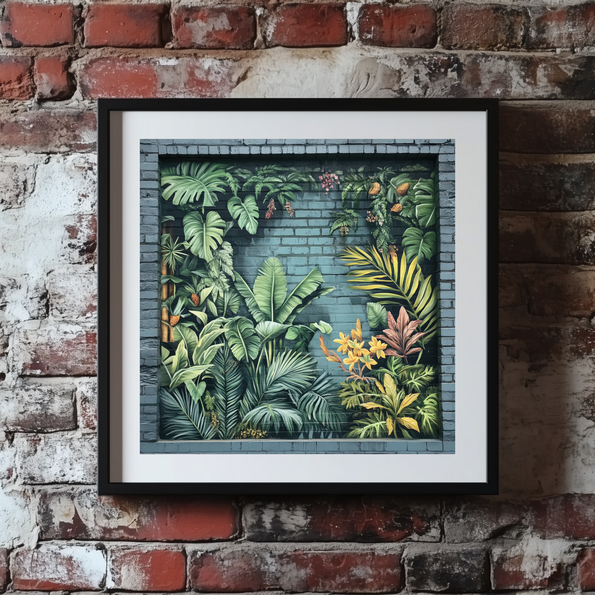 A contemporary print of lush green yellow and red tropical graffiti painted on an urban wall, framed on a brick wall. 