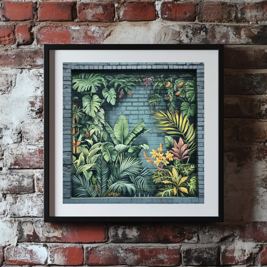 A contemporary print of lush green yellow and red tropical graffiti painted on an urban wall, framed on a brick wall. 