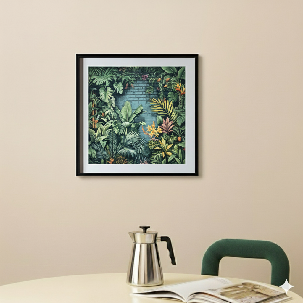 A contemporary print of lush green yellow and red tropical graffiti painted on an urban wall, in a modern bright kitchen