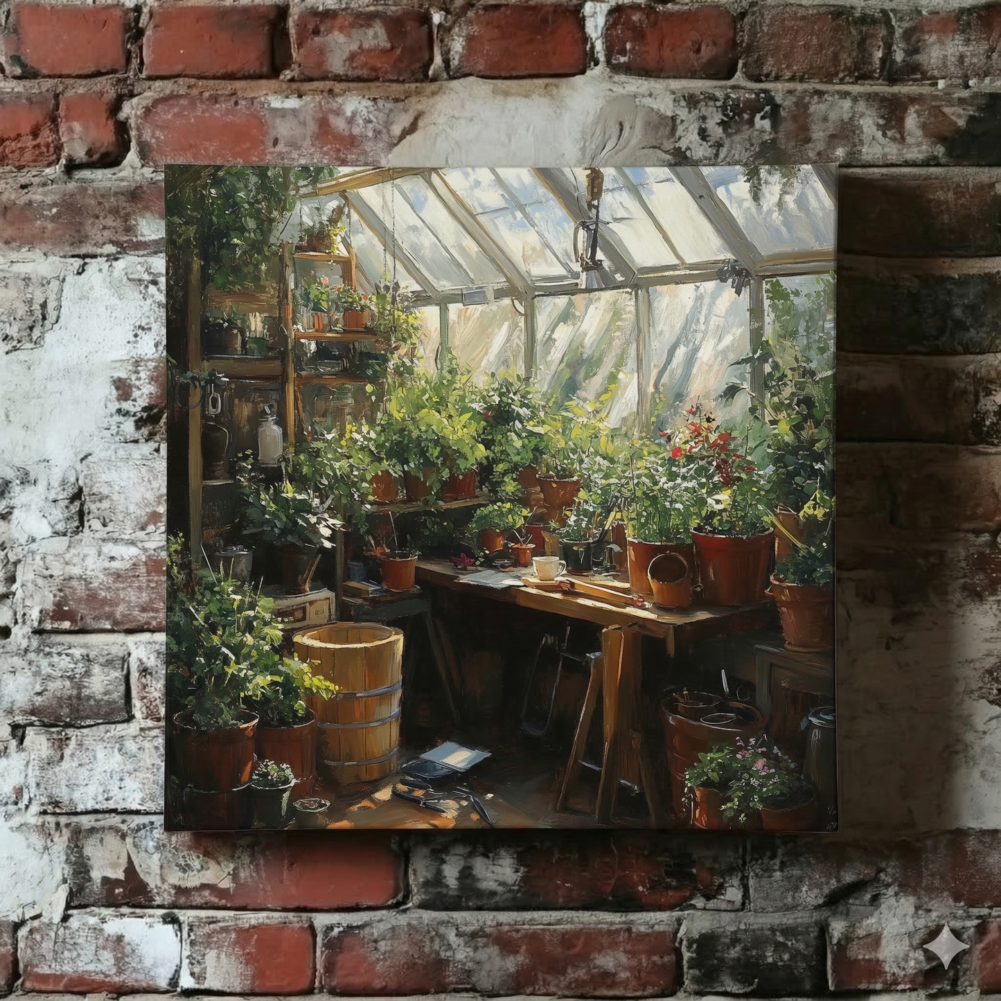 A Plantish canvas of a cosy potting workshop that has a bench full of green plants being hit by sunlight, hanging on a red brick wall.