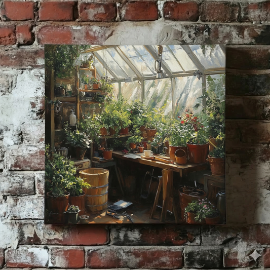A Plantish canvas of a cosy potting workshop that has a bench full of green plants being hit by sunlight, hanging on a red brick wall.