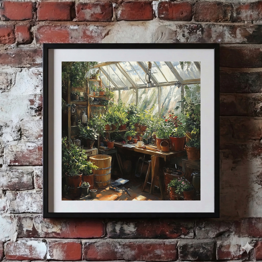 A Plantish print of a cosy potting workshop that has a bench full of green plants being hit by sunlight, hanging on a red brick wall.