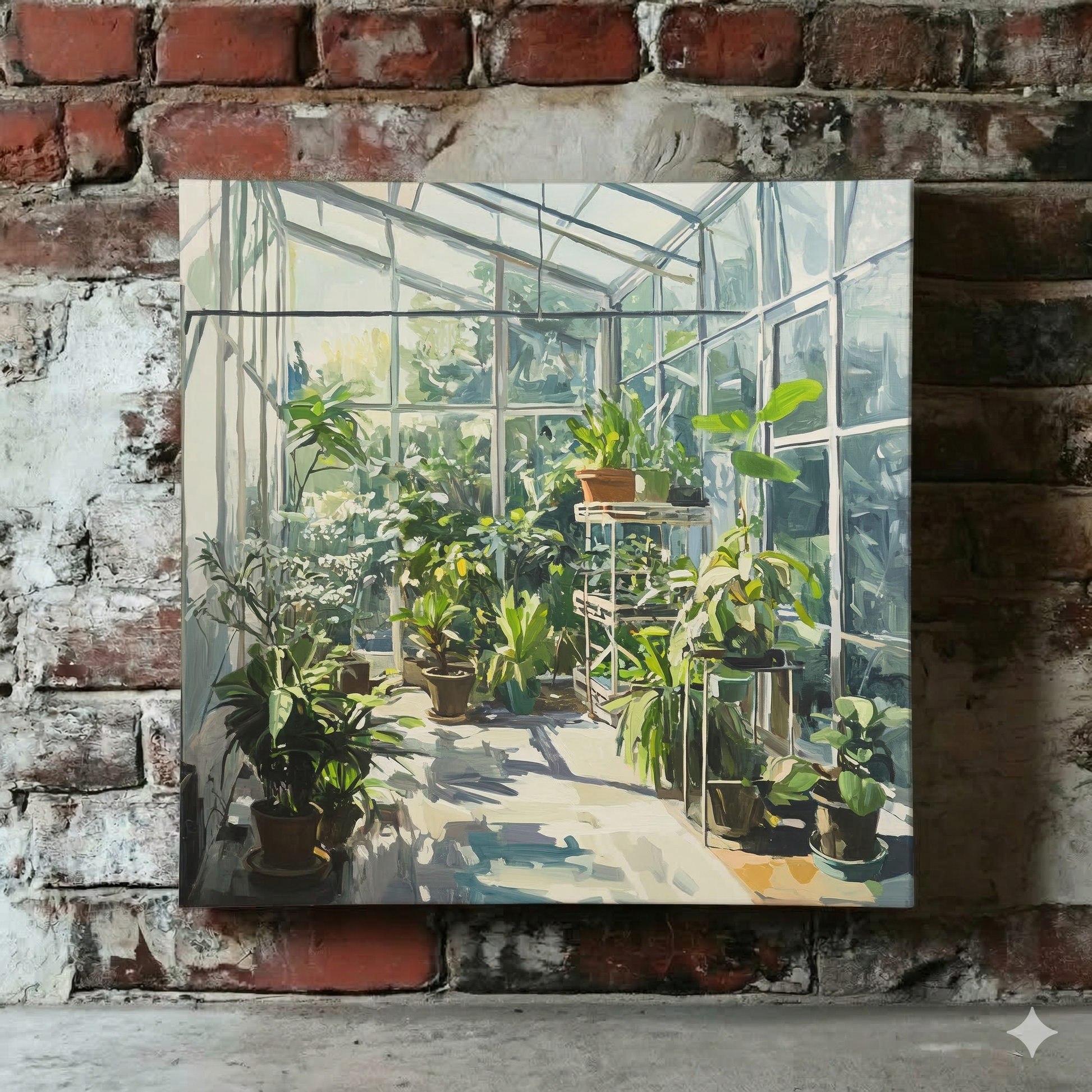 A Plantish canvas of a oil style scene of a sunlit greenhouse filled with green plants,  hanging on a red brick wall.