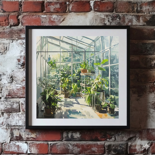 A Plantish print of a oil style scene of a sunlit greenhouse filled with green plants,  hanging on a red brick wall.