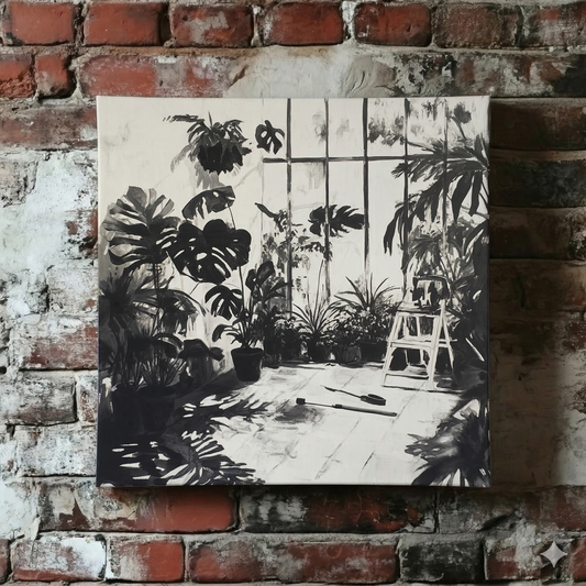 A stylised black and white Plantish canvas of a bright plant filled room with large windows, hanging on an exposed brick wall. 