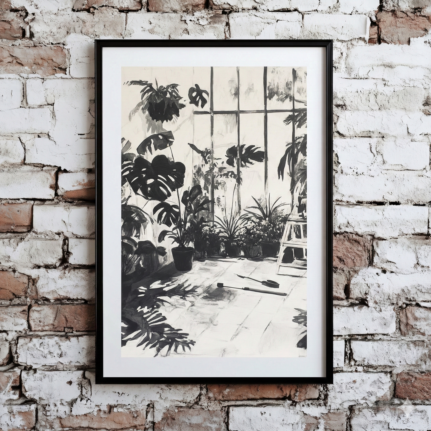 A stylised black and white Plantish print of a bright plant filled room with large windows, hanging on on an exposed brick wall. 