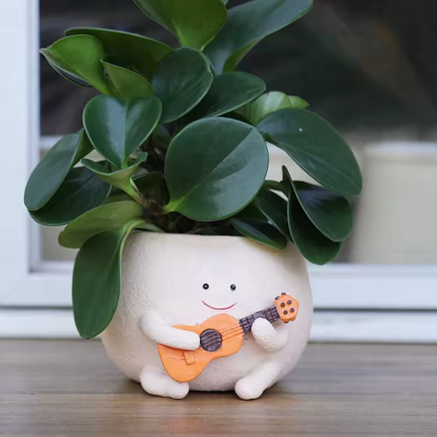 An image of the Plantish Happy Plant Guitar Pot placed on a sunlit wooden windowsill. The pot has a dark green leafy plant placed inside. 