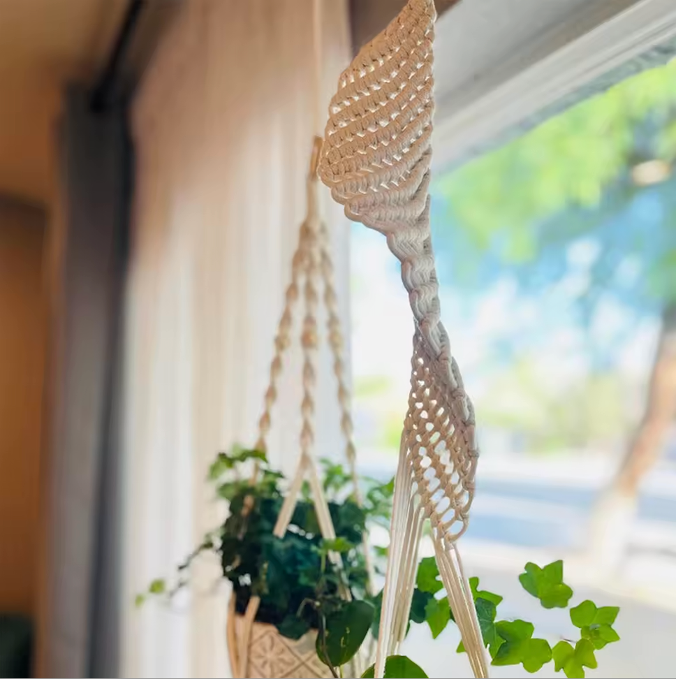 A close up of the Plantish Helix Macrame, highlighting the woven details. It is suspended in front of a window with sunlight coming in. 