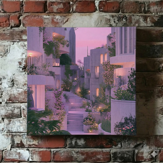 A calm Plantish canvas of a brutalist home with many flowers growing, bathed in purple hues as the sun is setting, hanging on a distressed brick wall.