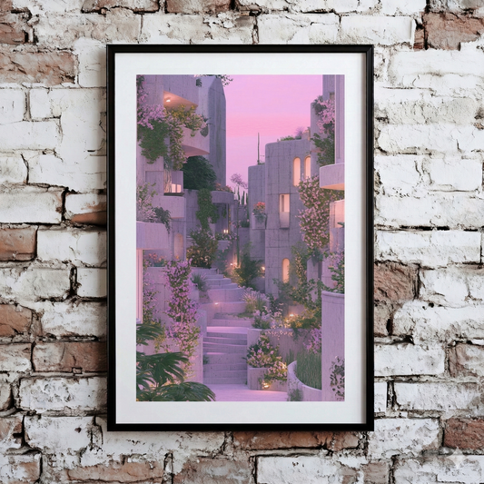 A calm Plantish print of a brutalist home with many flowers growing, bathed in purple hues as the sun is setting, hanging on a distressed brick wall.