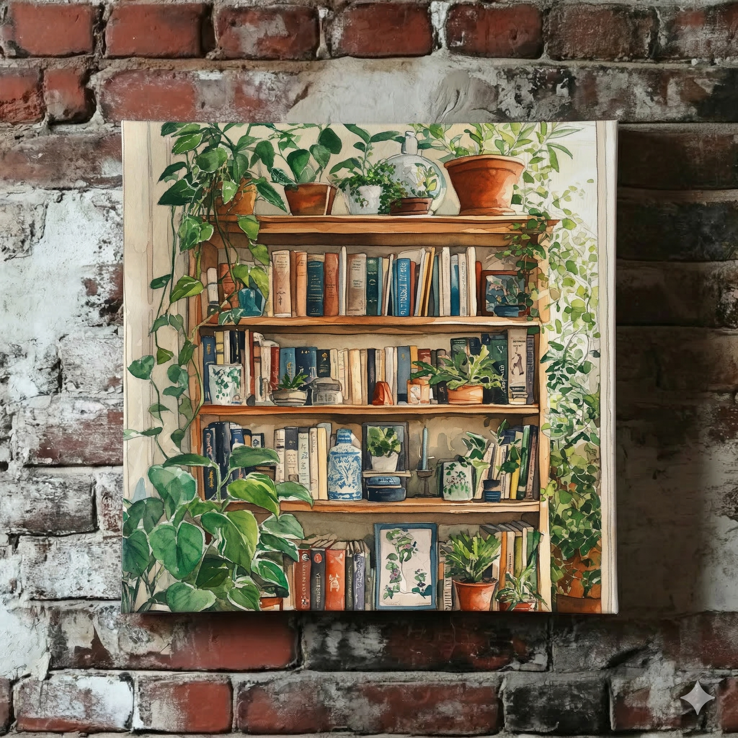 A bright Plantish canvas of a wooden bookshelf full of books and green plants, inside a living room hit by sunlight, hanging on a red brick wall.