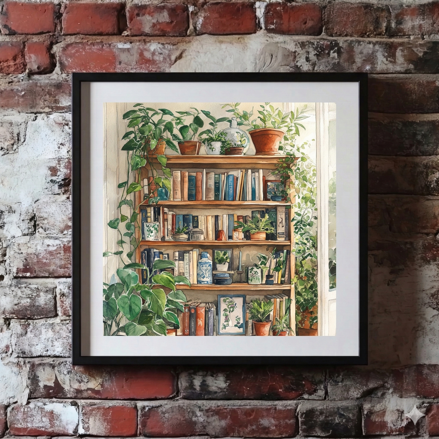 A bright Plantish print of a wooden bookshelf full of books and green plants, inside a living room hit by sunlight, hanging on a red brick wall.