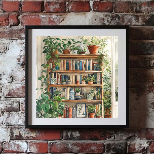 A bright Plantish print of a wooden bookshelf full of books and green plants, inside a living room hit by sunlight, hanging on a red brick wall.