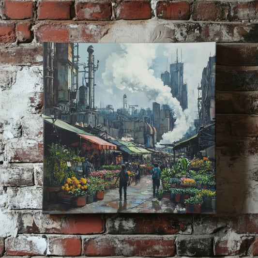 A bright canvas of a vibrant green flower market and an industrial city behind, mounted on a red brick wall