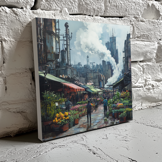 A bright canvas of a vibrant green flower market and an industrial city behind, resting on a brick wall. 