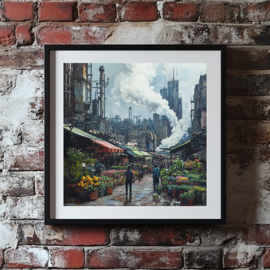 A bright print of a vibrant green flower market and an industrial city behind, framed on a brick wall. 