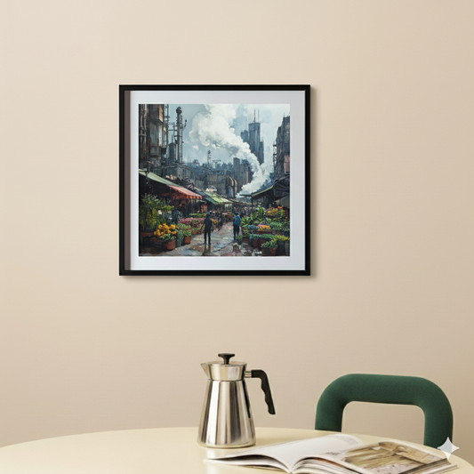 A bright print of a vibrant green flower market and an industrial city behind, in a modern bright kitchen