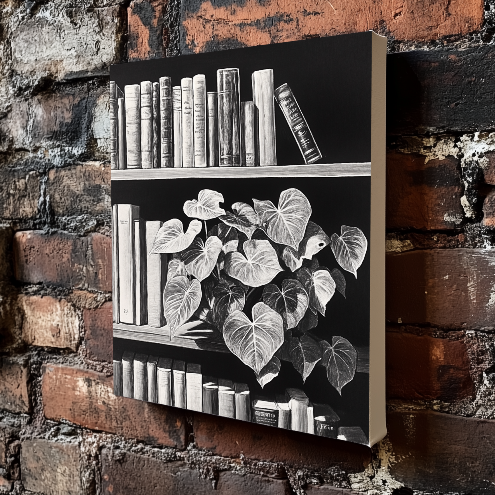 A black and white line drawing on canvas of a bookshelf with books and a house plant, mounted on an exposed brick wall. 