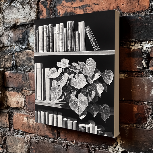 A black and white line drawing on canvas of a bookshelf with books and a house plant, mounted on an exposed brick wall. 