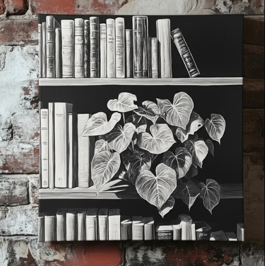 A black and white line drawing on canvas of a bookshelf with books and a house plant, mounted on an exposed brick wall. 