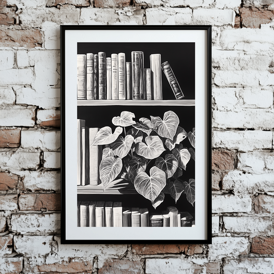 A black and white line drawing print of a bookshelf with books and a house plant, framed on a brick wall. 