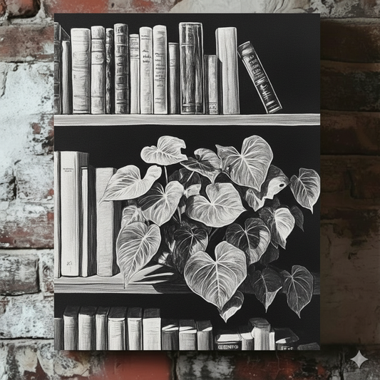 A black and white line drawing on canvas of a bookshelf with books and a house plant, mounted on a red brick wall