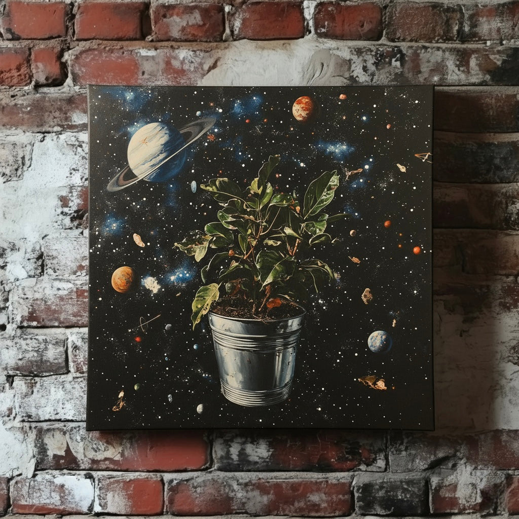 A surreal canvas of a plant in a silver pot floating through space, mounted on a red brick wall
