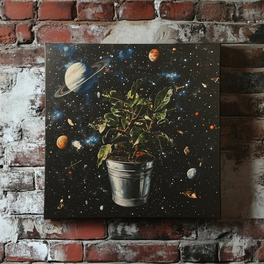 A surreal canvas of a plant in a silver pot floating through space, mounted on a red brick wall