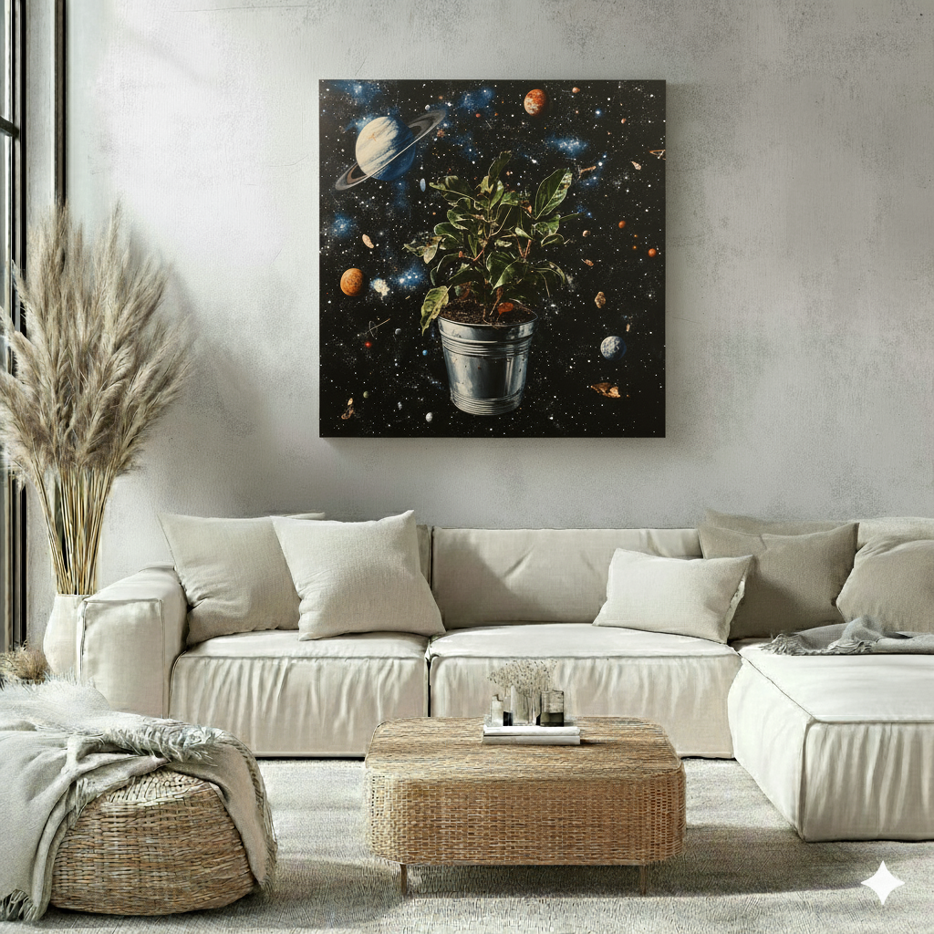 A surreal canvas of a plant in a silver pot floating through space, in a bright neutral boho living room