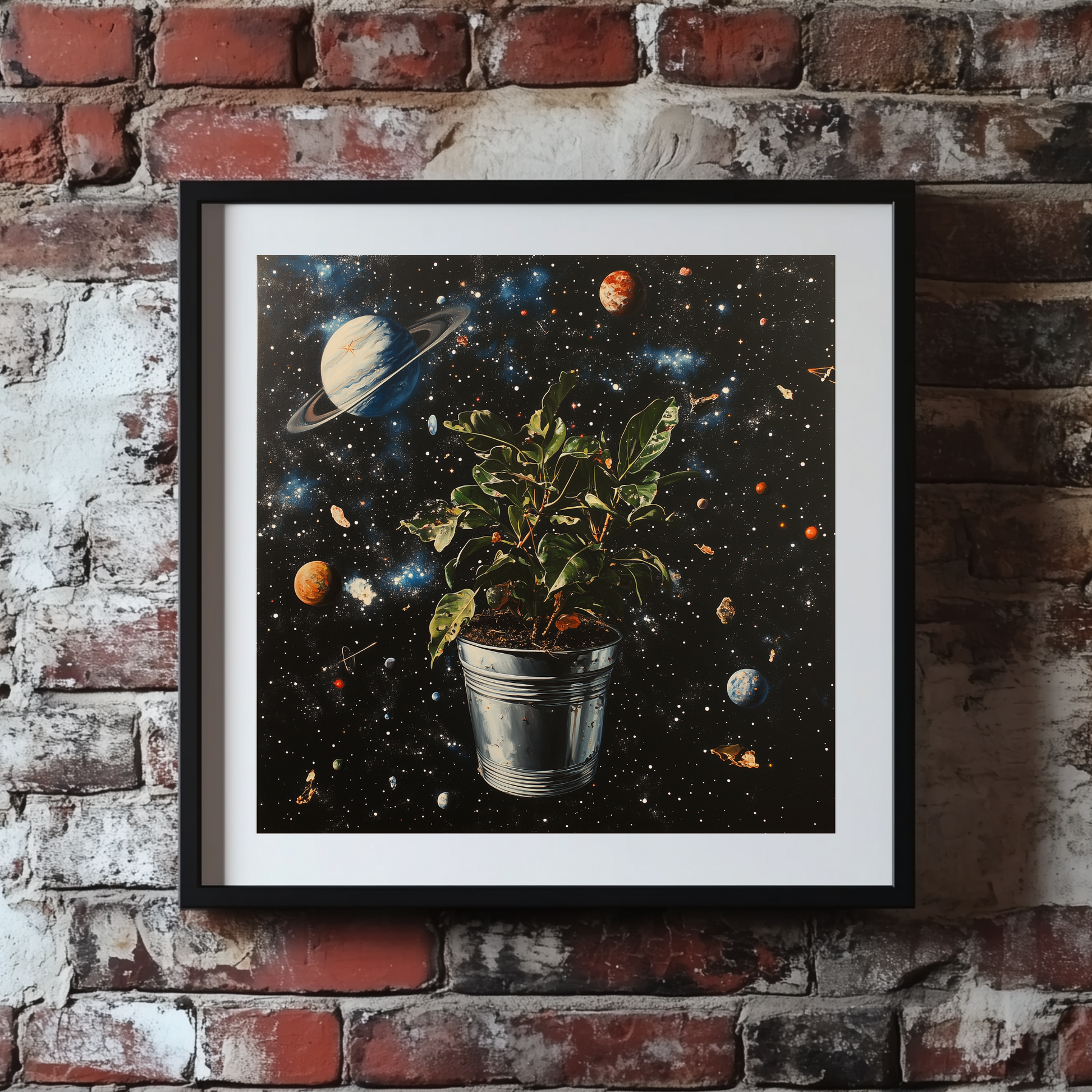 A surreal print of a plant in a silver pot floating through space, framed on a brick wall