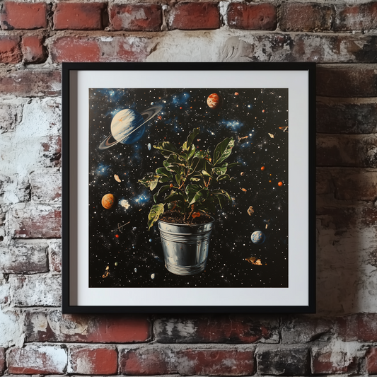 A surreal print of a plant in a silver pot floating through space, framed on a brick wall