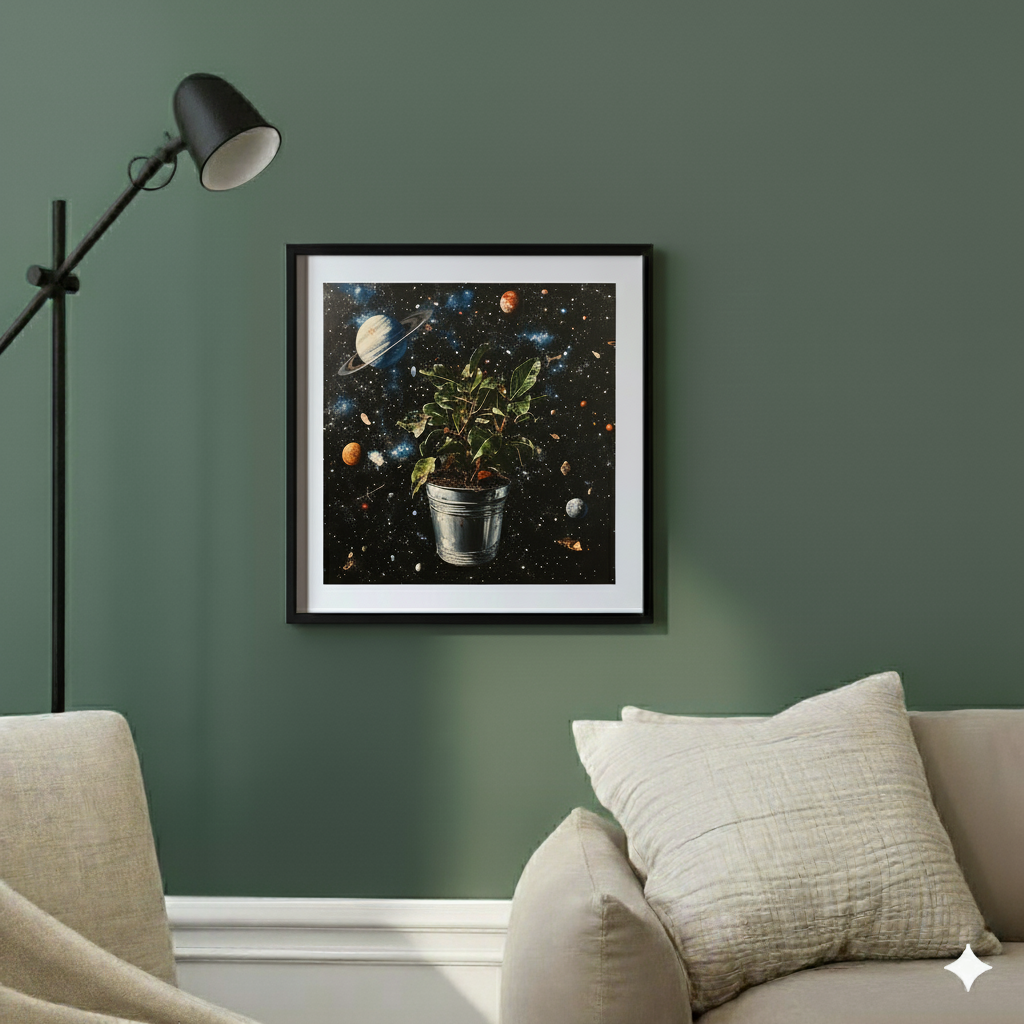 A surreal print of a plant in a silver pot floating through space, in a contemporary sunlit living room