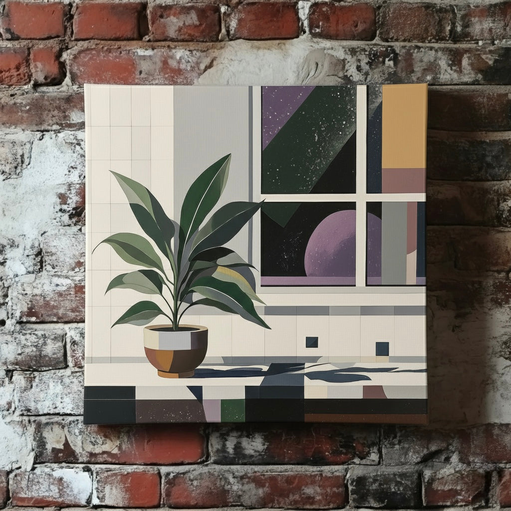 A bauhaus canvas of a green plant in a pot on a white blocky windowsill, a black and purple starry night out the window, mounted on a red brick wall