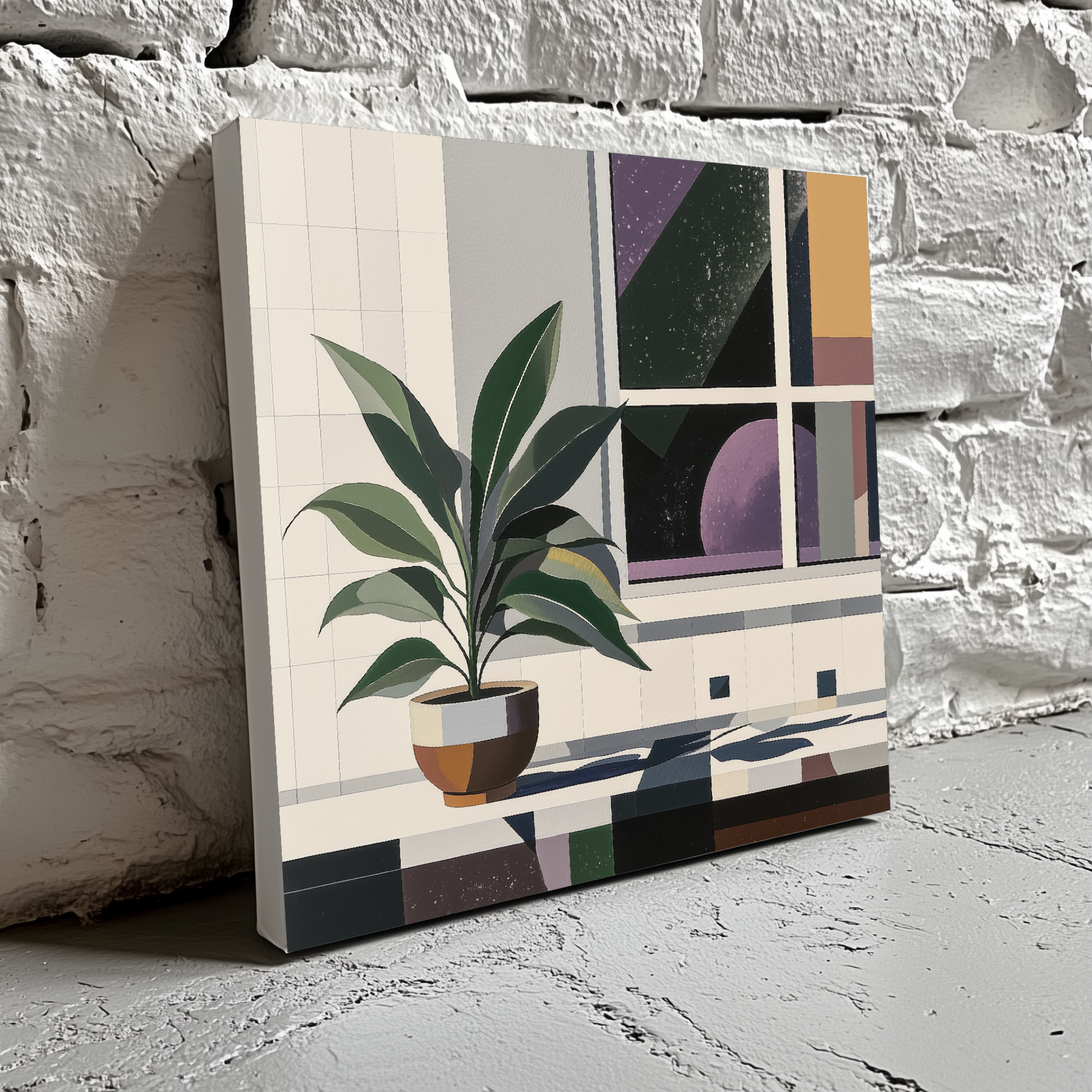 A bauhaus canvas of a green plant in a pot on a white blocky windowsill, a black and purple starry night out the window, resting on a brick wall.