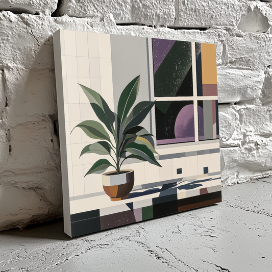 A bauhaus canvas of a green plant in a pot on a white blocky windowsill, a black and purple starry night out the window, resting on a brick wall.